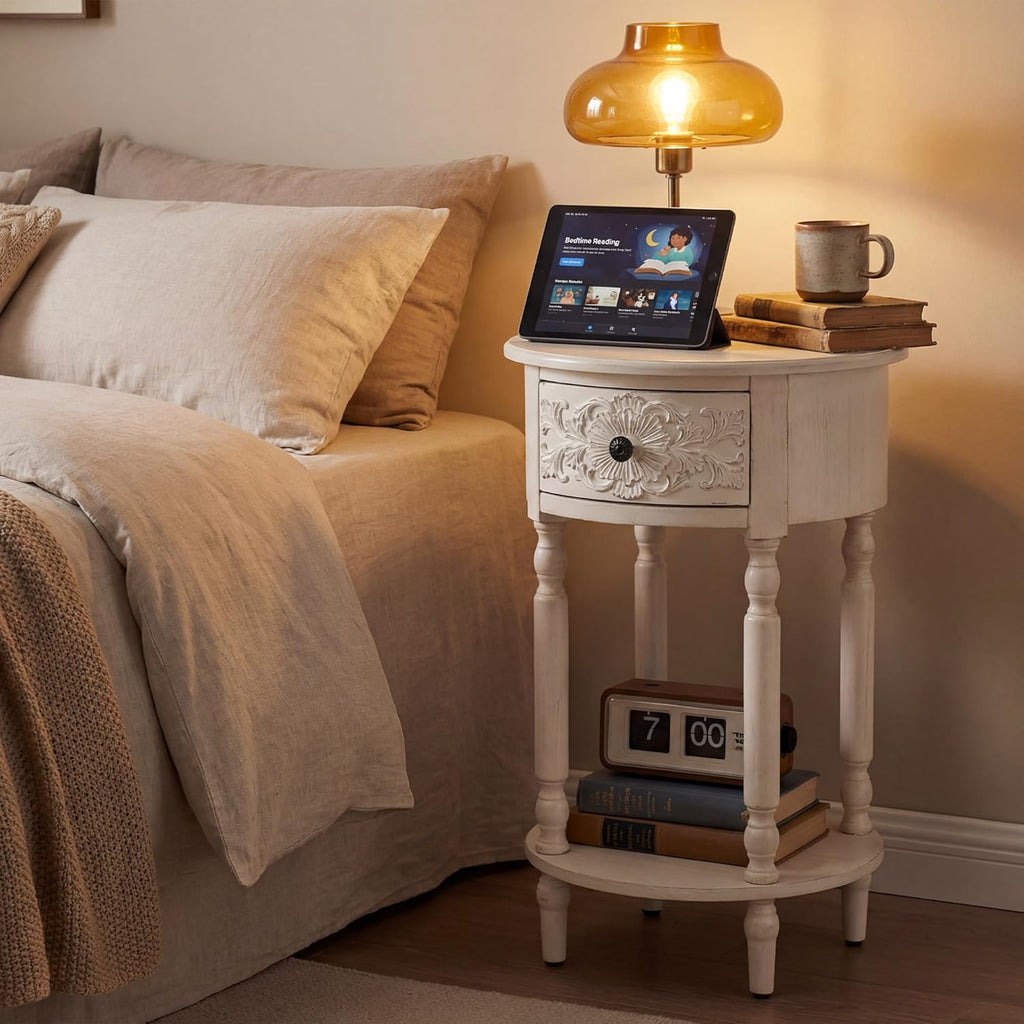 COSIEST White Nightstand with Drawer and Shelf, 25.4" Tall French Vintage Bedside Table, Small End Table with Hand-Carved Floral Resin Face, Wood Accent Side Table for Bedroom & Living Room