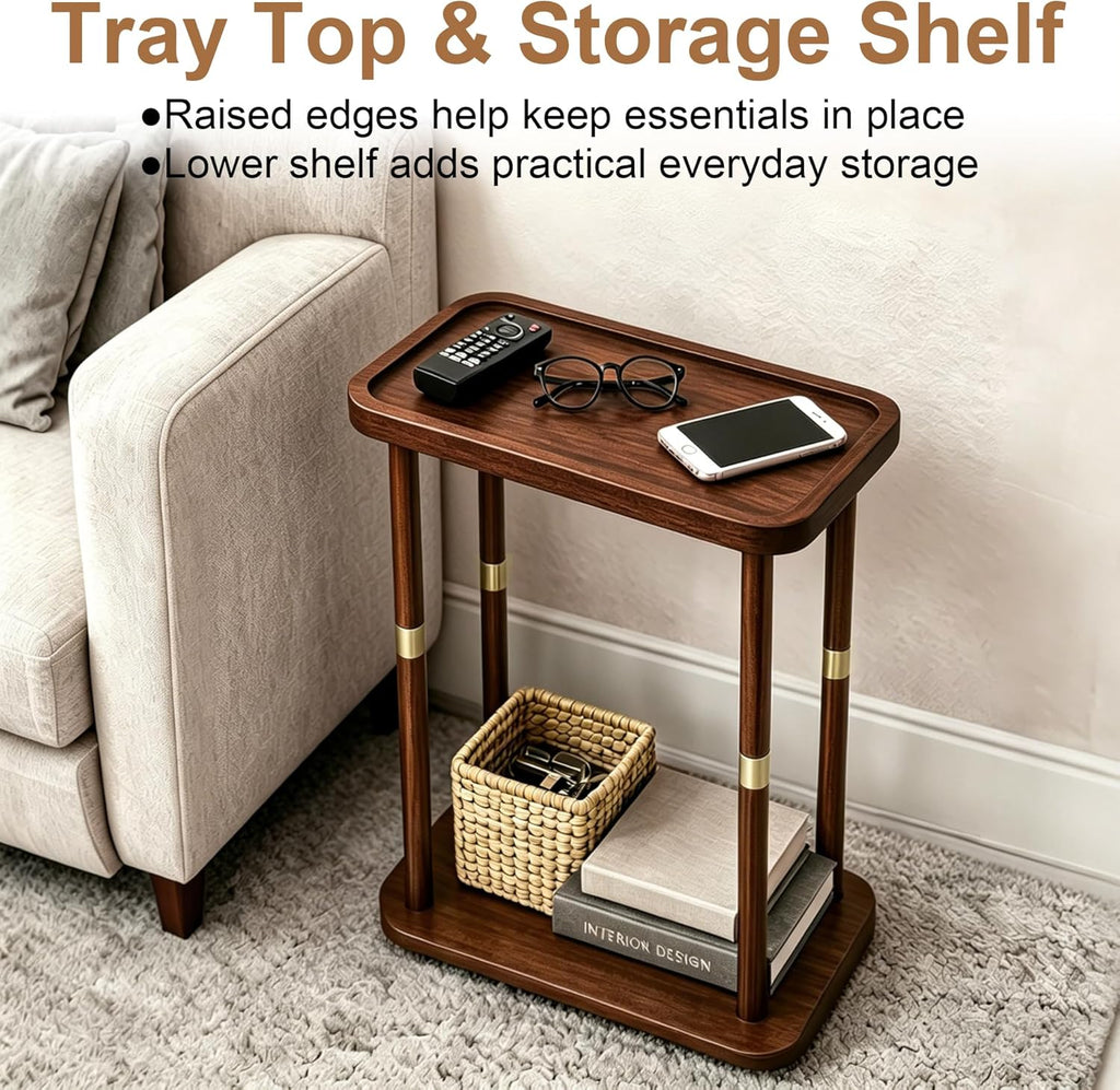 Narrow Side Table, 2-Tier Solid Wood Slim End Table for Small Spaces, 7.5-Inch Skinny Nightstand with Tray Top Storage Shelf for Bedroom, Living Room, Sofa Side, Red Brown