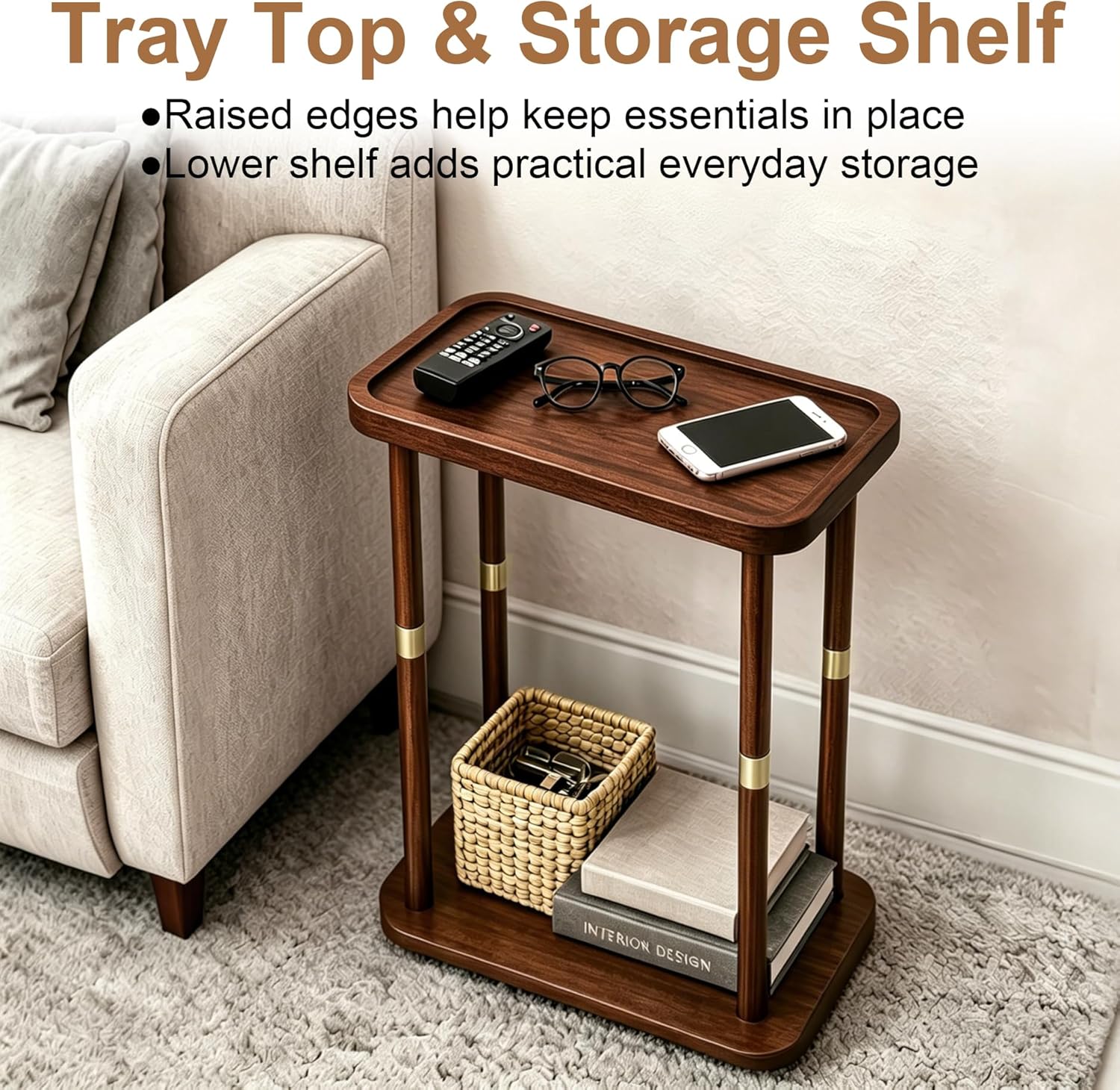 Narrow Side Table, 2-Tier Solid Wood Slim End Table for Small Spaces, 7.5-Inch Skinny Nightstand with Tray Top Storage Shelf for Bedroom, Living Room, Sofa Side, Red Brown