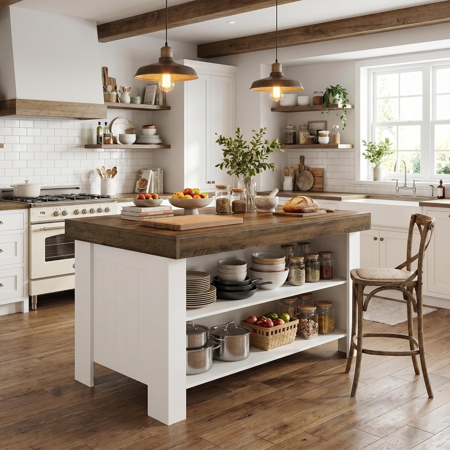 Tribesigns 55" Kitchen Island with Storage Shelves, 2-Tier Farmhouse Wood Counter Height Table with Seating, Large Stationary Island for Kitchen, Dining Room, Small Space (White)