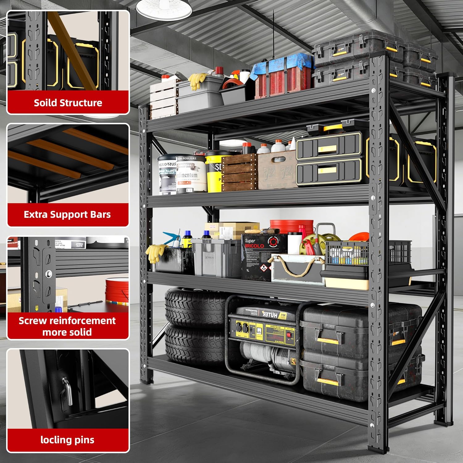 Heavy Duty Garage Shelving 70" W x 23" D x 69" H, 5000LBS Metal Shelving Unit,4-Tier Adjustable Storage Shelves, Boltless Steel Storage Rack for Garage Warehouse Basement