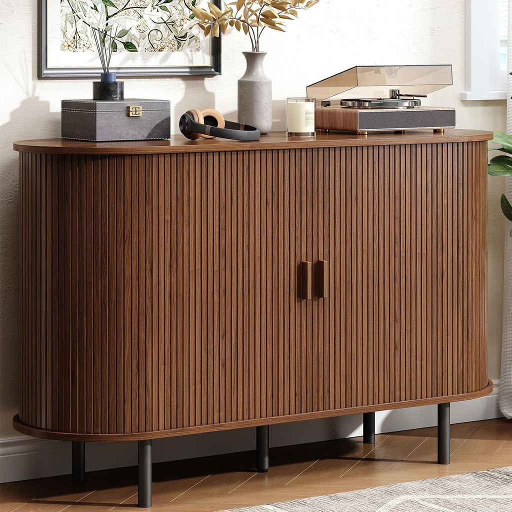 Buffet Cabinet with Storage, Fluted Sideboard Buffet with Sliding Door, Coffee Bar Cabinet with Adjustable Shelf, Console Table, Accent Table for Entryway, Kitchen (Walnut, 48 Inch)