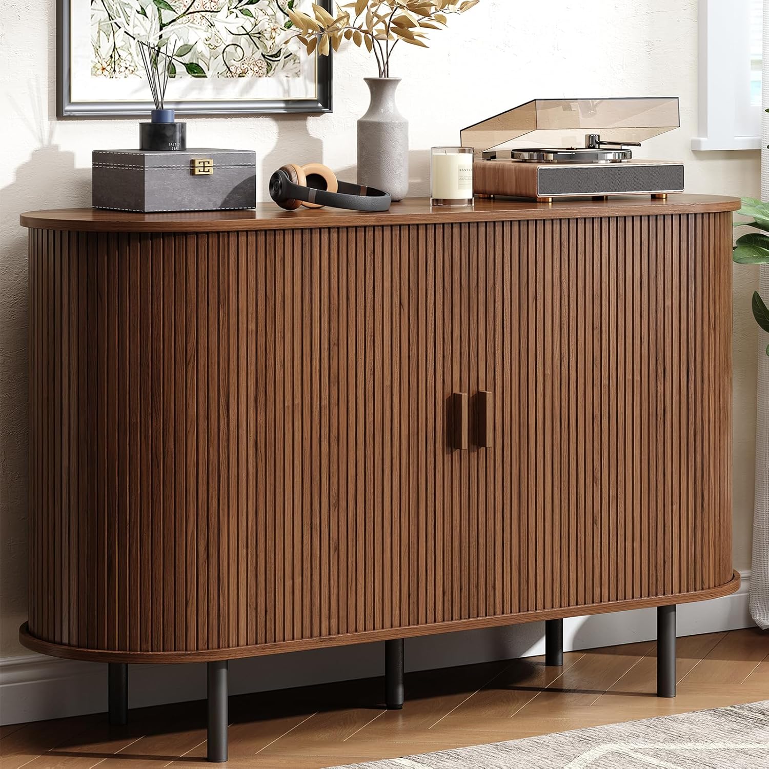 Buffet Cabinet with Storage, Fluted Sideboard Buffet with Sliding Door, Coffee Bar Cabinet with Adjustable Shelf, Console Table, Accent Table for Entryway, Kitchen (Walnut, 48 Inch)