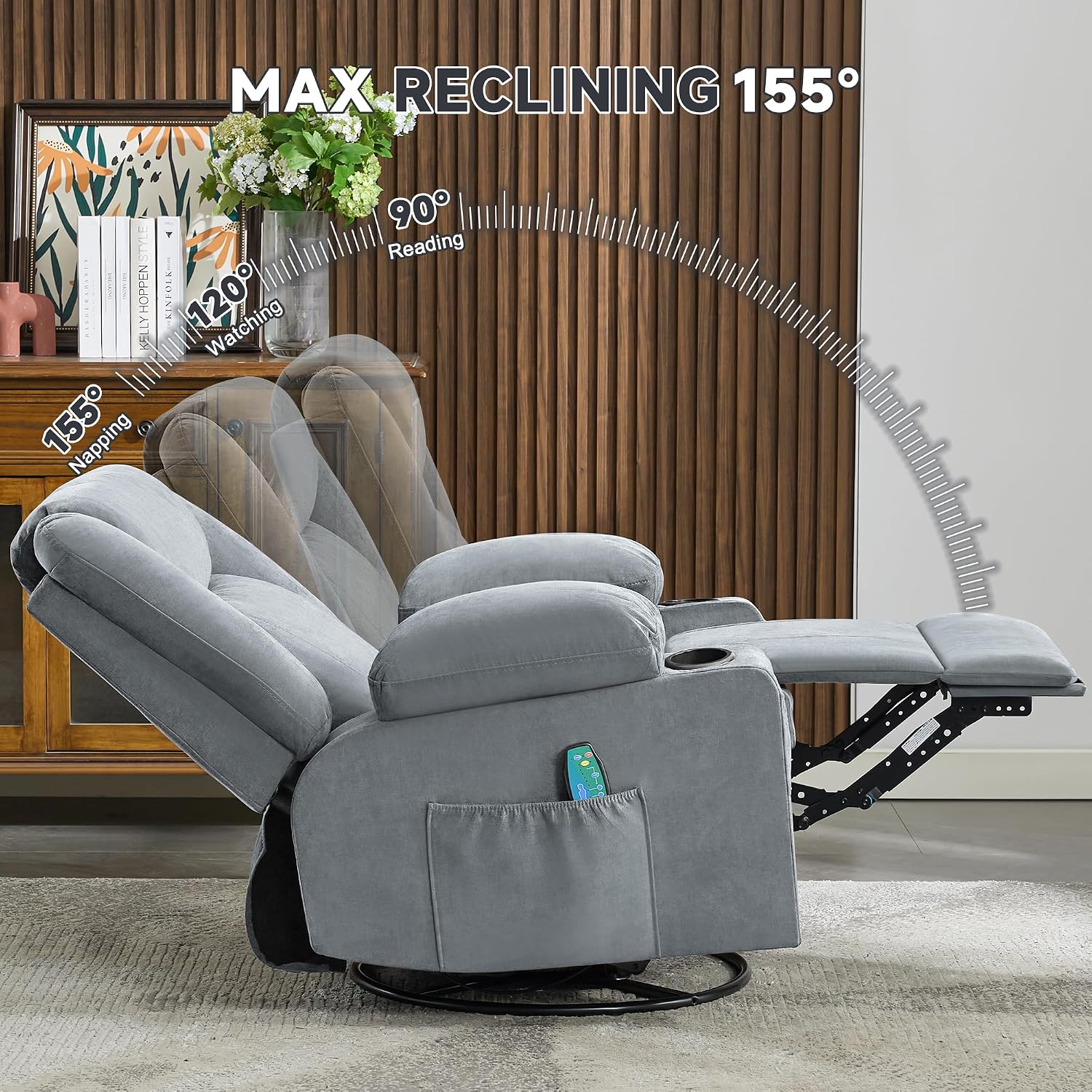 Swivel Rocker Recliner Chair with Heat and 8-Point Massage, Extra Wide Manual Lounge Sofa for Adults, Overstuffed Living Room Chair with 2 Cup Holders 4 Pockets & Remote (-Grey)