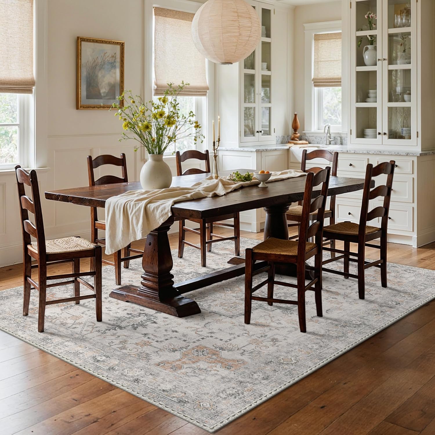 GENIMO 5X7 Area Rugs for Living Room, Machine Washable Non Slip Vintage Area Rugs, Low Pile Lightweight Print Rug for Bedroom, Dining Room, Home Office, Light Taupe Brown