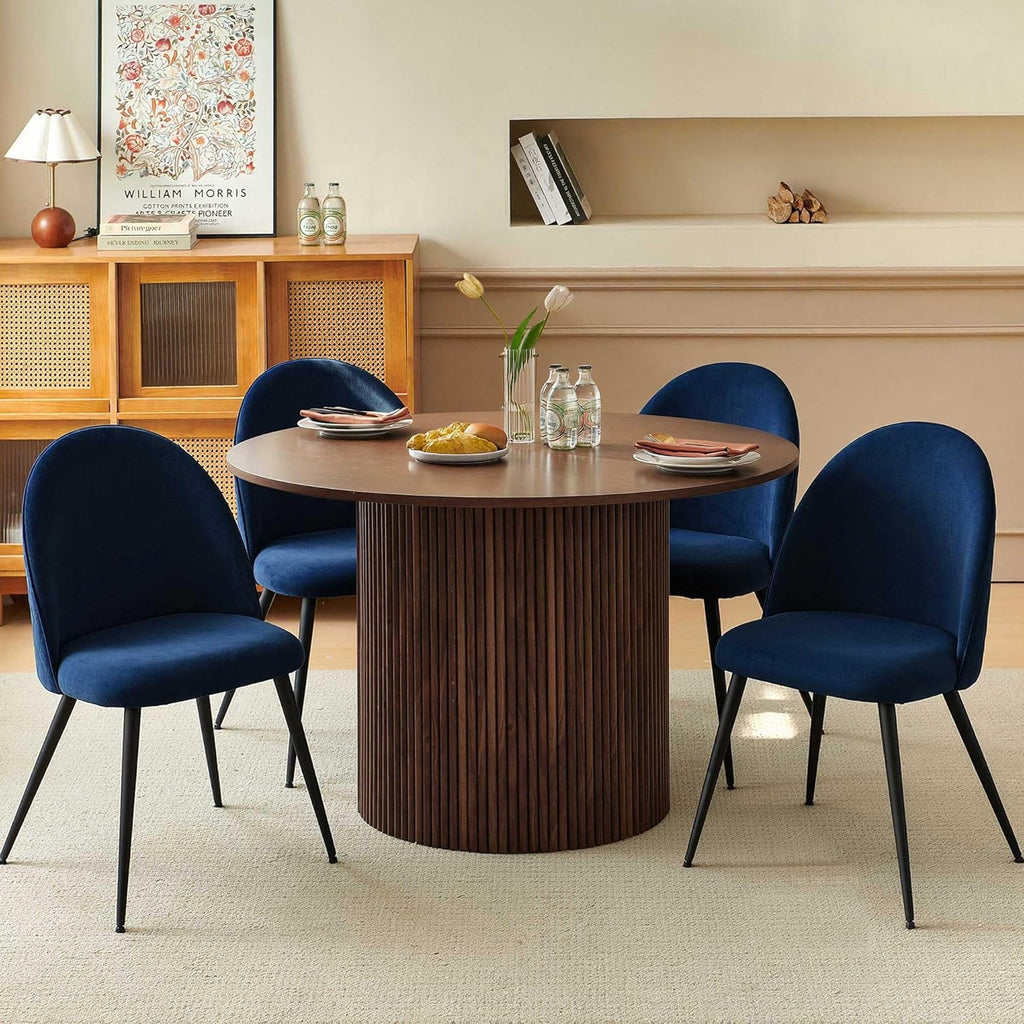 Homedot Round Kitchen Dining Table Set for 4, Modern Breakfast Dinner Dinette Table Set with Navy Blue Dining Side Chairs Upholstered, Mid Century Wooden Dining Set for Dining Room, Reception Room