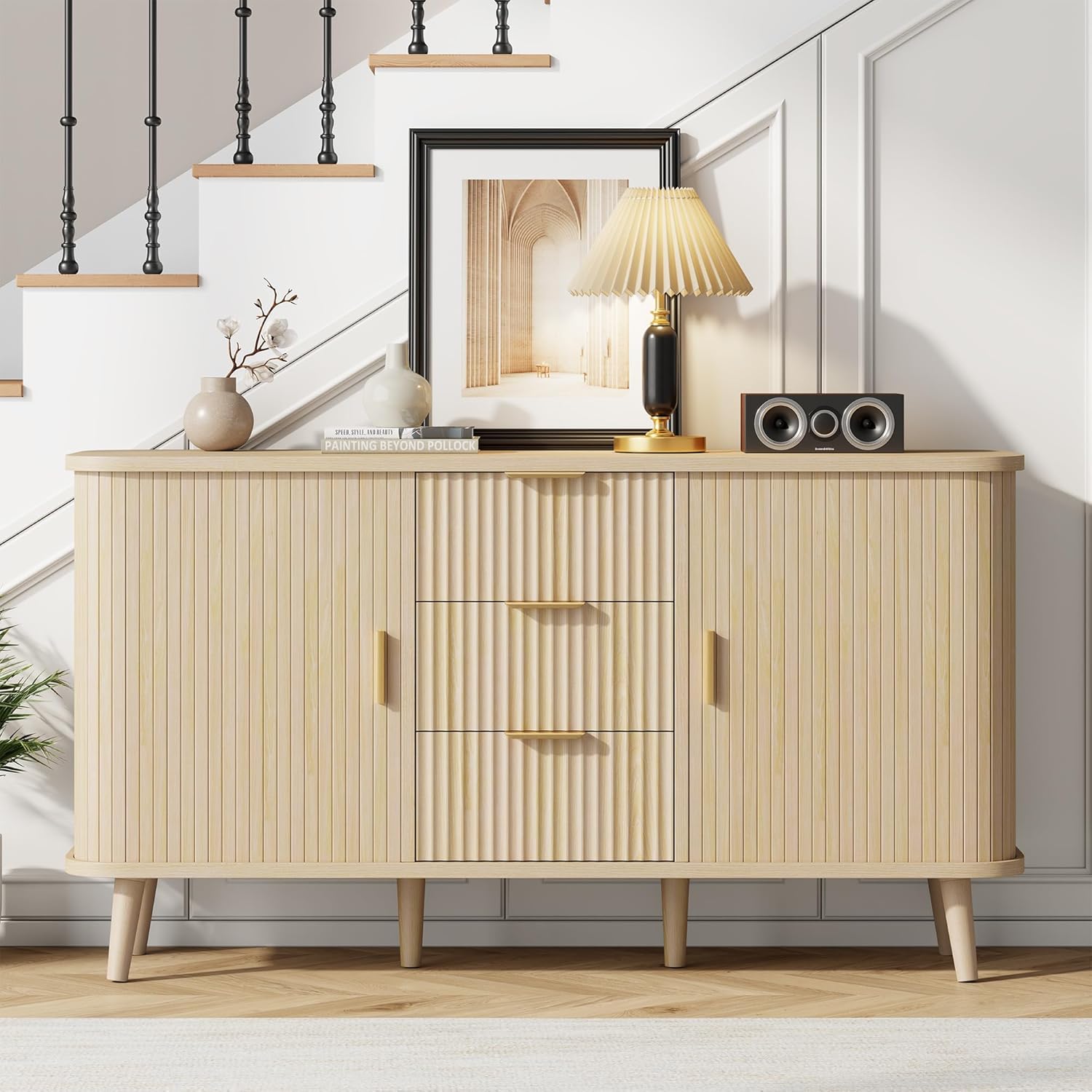 Lulive Natrual Buffet Cabinet, 55" Wide Sideboard Buffet Storage Cabinet with Rolling & Sliding Doors, Modern Bar Cabinet for Kitchen & Dining Room