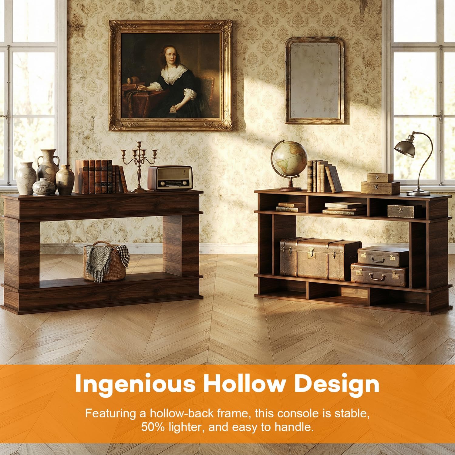 63 in Farmhouse Console Table, Long Entryway Table with Open-Back Storage, Wood Entrance Table, Narrow Couch Table Behind Sofa Modern Entry Table for Living Room, Foyer, Hallway,Walnut