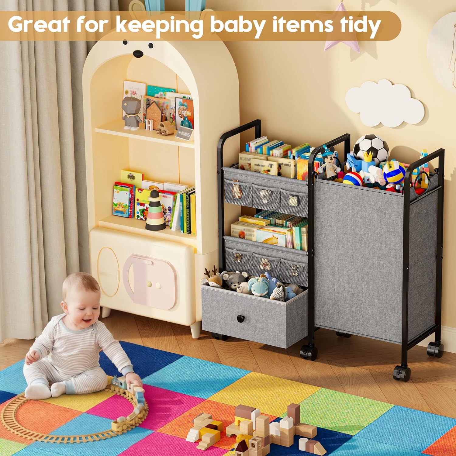 Cidaziya 2In1 Baby Diaper Caddy Organizer with Laundry Hamper, 3 Tier Rolling Cart with Dividers and Drawers, Upgrade Diaper Cart Utility Cart Clothes Organizer for Baby Essentials, New Mom, Nursery