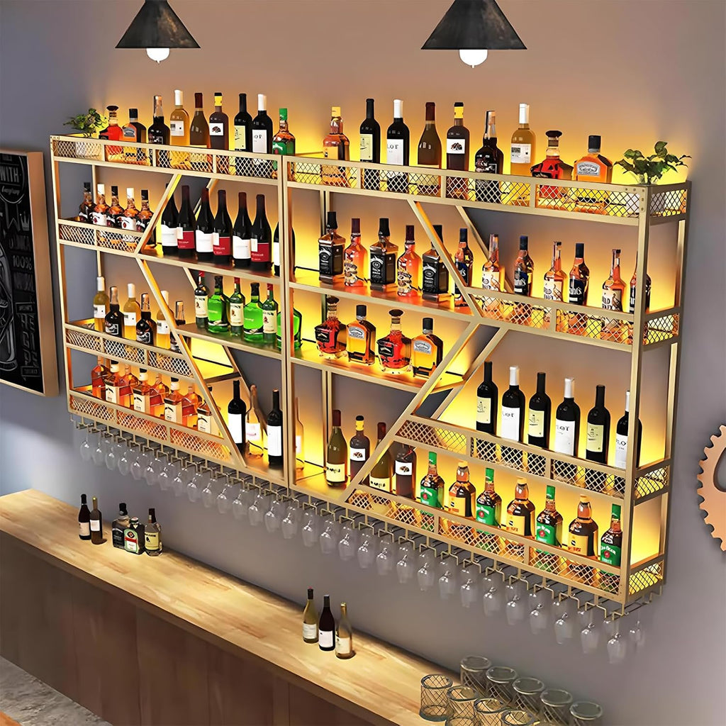 63in Large Wall Mounted Wine Rack, 4 Tier Metal Diamond Shaped Liquor Bottle Shelves Wine Glass Holder, Hanging Liquor Shelf Wall Mounted, for Home Bar Dining Room (4 Tiers Gold, 63 * 7.87 * 48.5INCH)