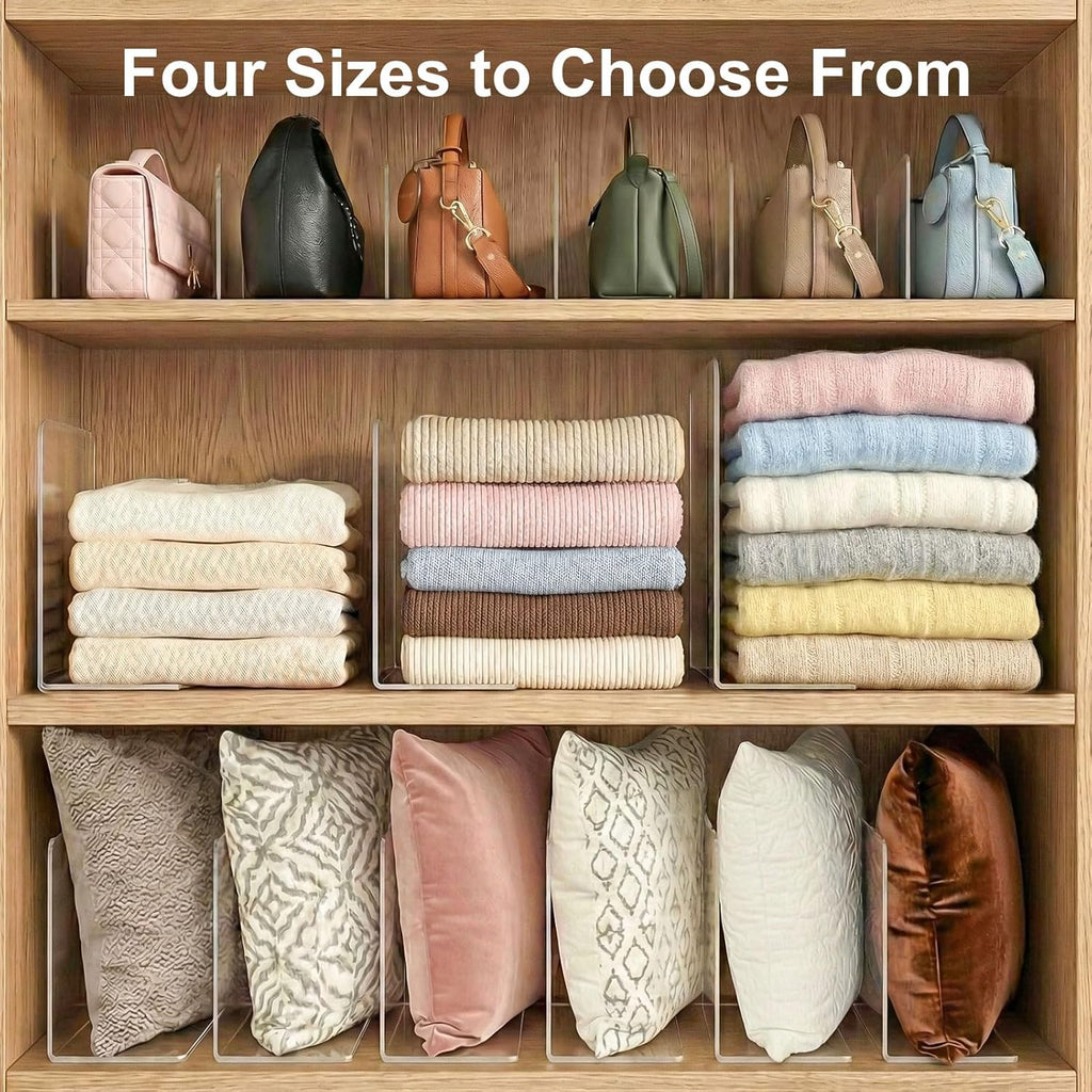 SortNStore Shelf Dividers for Closet Organization: 12" Tall x 12" Deep, Taller Adhesive Separators Features Acrylic Material and Provides Storage for Clothes and Purses in Bedroom Cabinets(8-Pack)