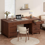 Garvee 60" Wooden Home Office Desk with File Drawers, Executive Desk with Adjustable Cabinet, Farmhouse Wood Desk with Power Outlet, Distressed Study and Work Table, Rustic Brown