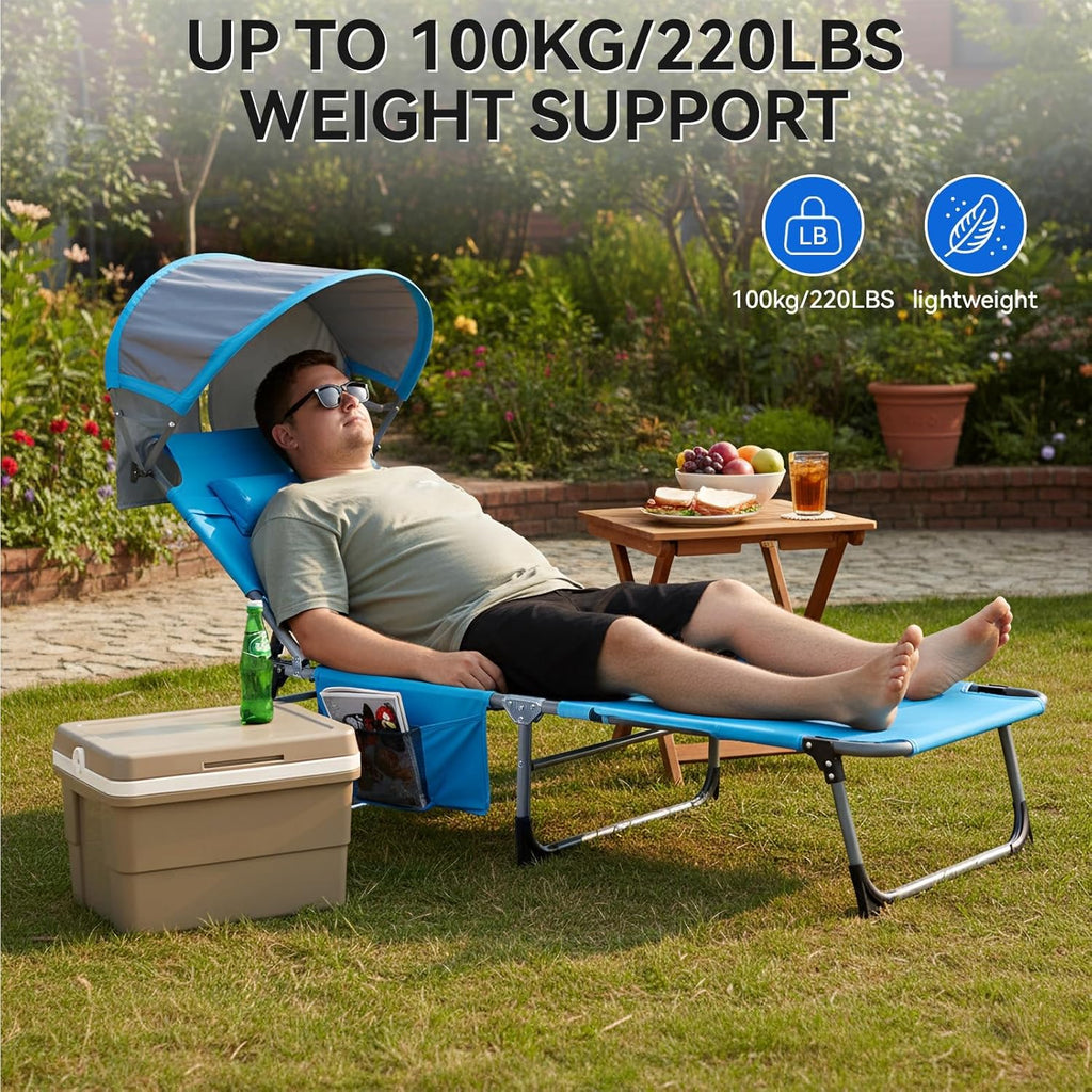 Tanning Chair with Sun Canopy,27 Inch Oversized Folding Tanning Chair with Face Hole and Pillow,Heavy Duty Folding Lounge Chair,Adjustable 3-Position Patio Chaise Lounge,220 LBS Blue