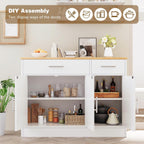 Vongrasig Buffet Cabinet with Storage, 43” Farmhouse Coffee Bar Cabinet with 3 Doors, Wood Buffet Table for Kitchen Dining Room Living Room, Off White