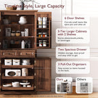 71" Tall Mid-Century Modern Kitchen Pantry with 3 Pull-Out Cabinets & 2 Drawers, Farmhouse Storage Cabinet with 6 Door Shelves & 2 Adjustable Shelves, Freestanding Cupboard for Dining Room ,Brown