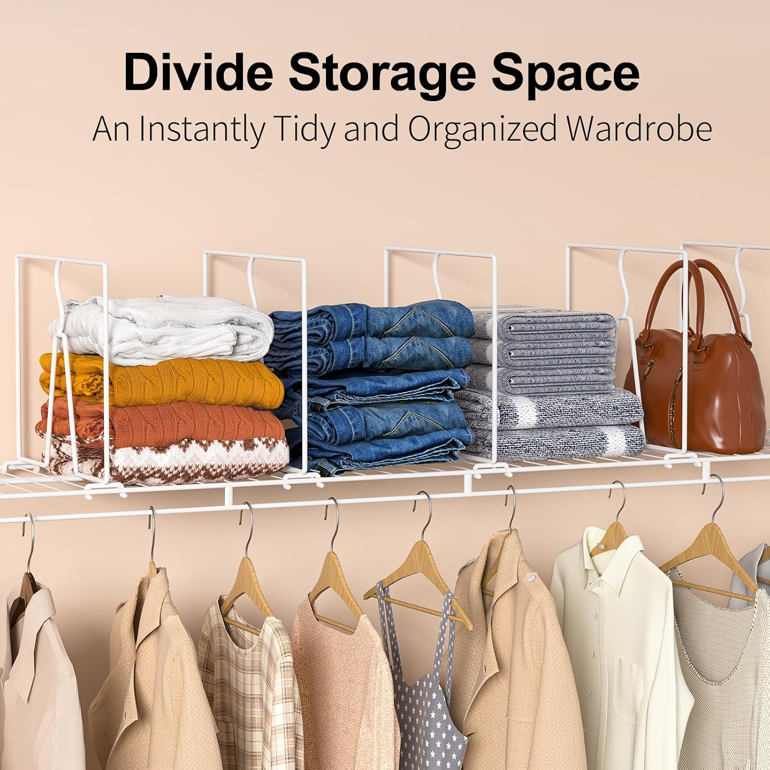 Wire Shelf Dividers for Closet: Clothes, Purse, Sweater Organizer, Vertical White Metal Rack Separators for Pantry, Bedroom, Kitchen Organization on Shelving (12" D x 10.6" H, 8 Pack)