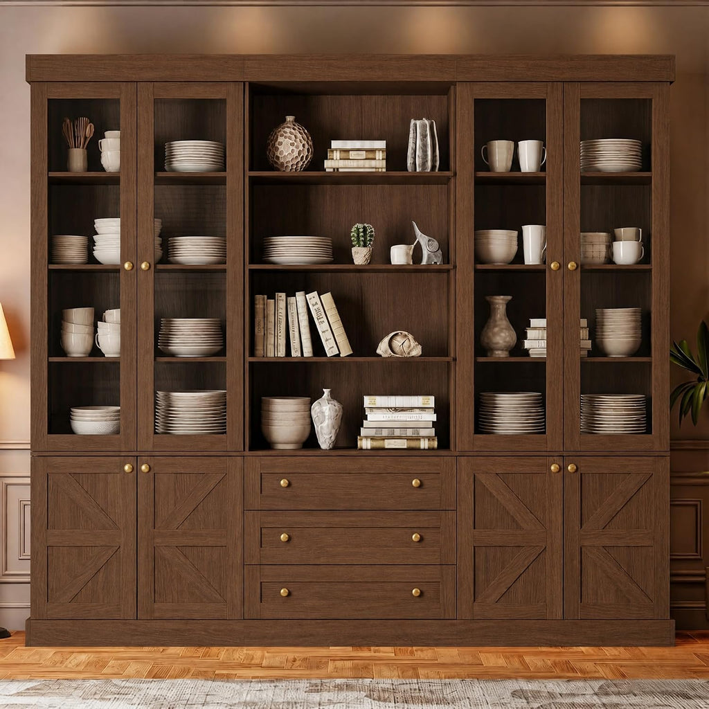 Vyre 71" Tall Farmhouse Kitchen Pantry, Set of 3 Large Storage Cabinets with Glass Doors, Hutch Cabinet with Drawers, Adjustable Shelves for Living Room, Dining Room, Dark Brown