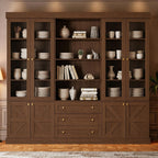 Vyre 71" Tall Farmhouse Kitchen Pantry, Set of 3 Large Storage Cabinets with Glass Doors, Hutch Cabinet with Drawers, Adjustable Shelves for Living Room, Dining Room, Dark Brown