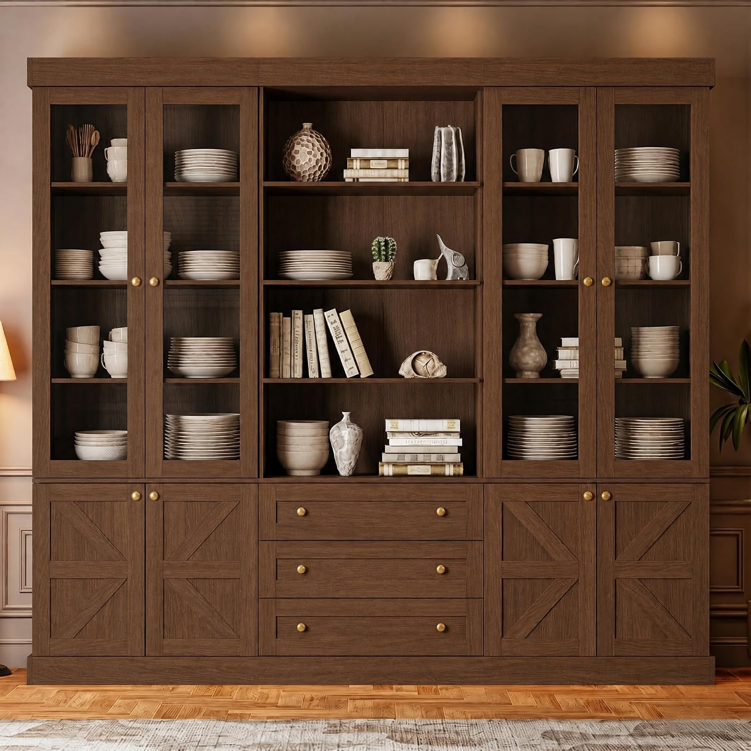 Vyre 71" Tall Farmhouse Kitchen Pantry, Set of 3 Large Storage Cabinets with Glass Doors, Hutch Cabinet with Drawers, Adjustable Shelves for Living Room, Dining Room, Dark Brown