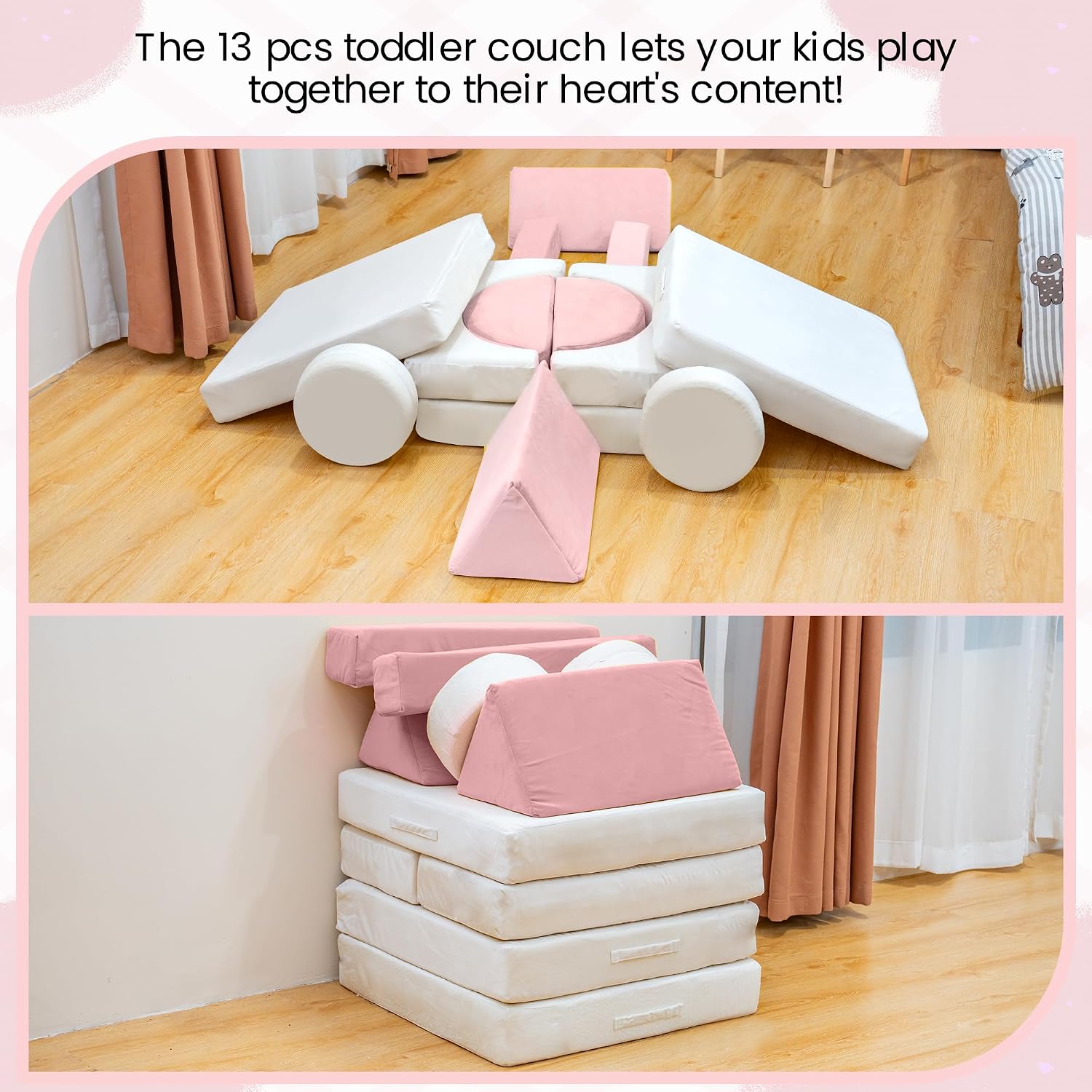 13PCS Modular Kids Play Couch with Washable Velvet Cover, Modular Couch for Boys and Girls, Convertible Foam and Floor Cushion for Nursery Playroom, Pink & Beige