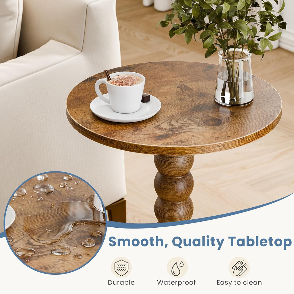 DUMOS Round Side Table for Small Spaces, Brown Modern Accent End Table with Solid Wood Leg, Versatile Drink Nightstand for Living Room, Bedroom, Corners and Office
