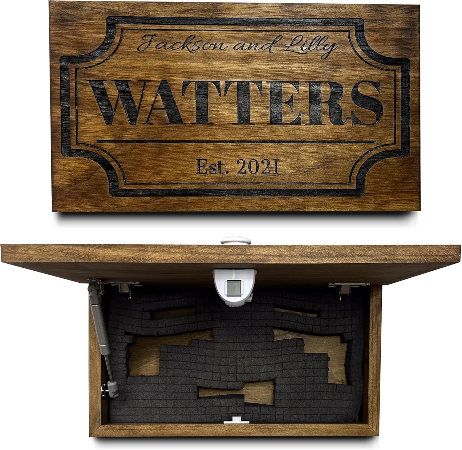 Bellewood Designs Customizable Hidden Gun Storage Wall Decor - Hidden Gun Safe with Family Name & Est Date - Magnetic Locking Concealment Shelf - Gun Concealment Furniture (Provincial)