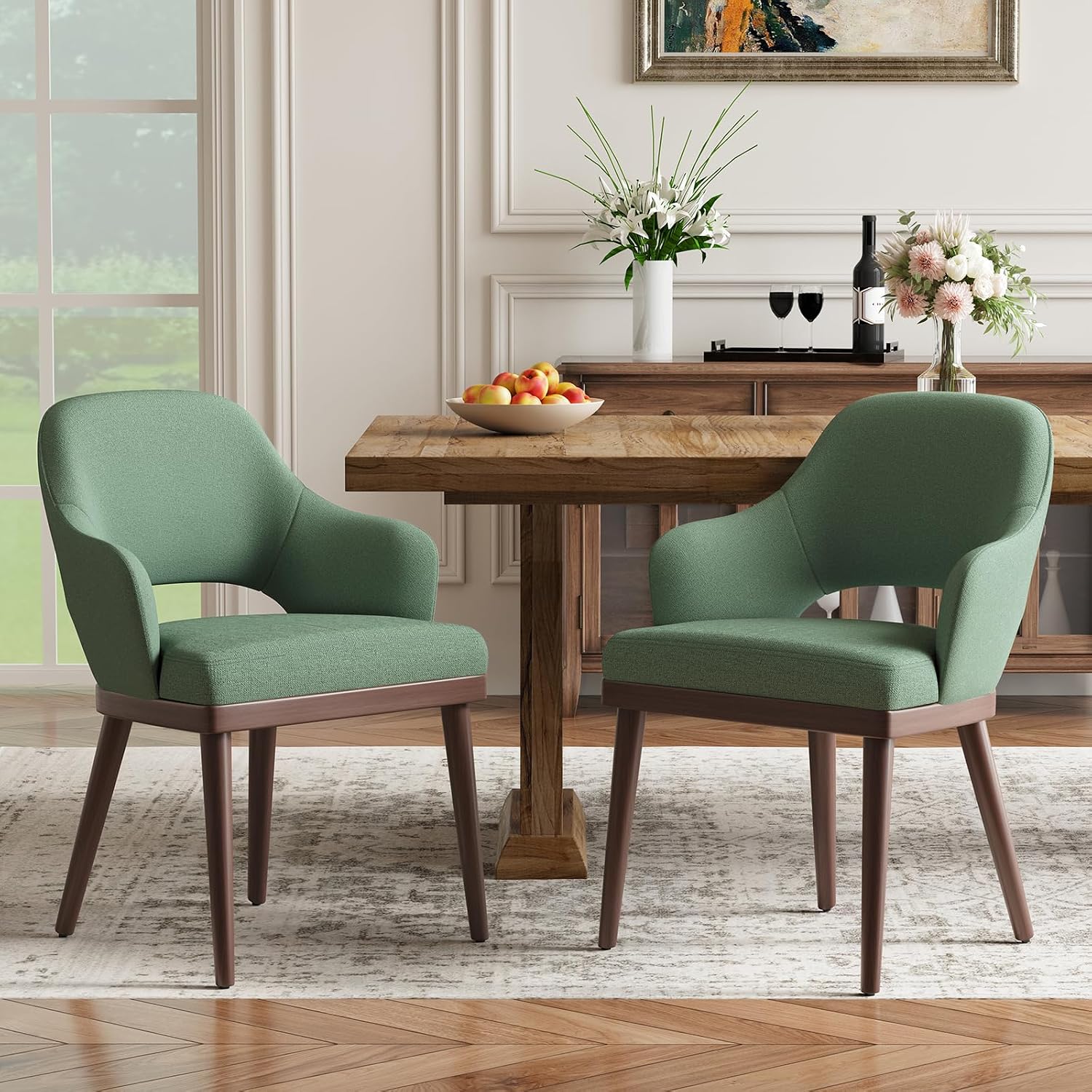MALOL Wooden Dining Chairs Set of 2, Modern Fabric Upholstered Dining Room Chair, Kitchen Side Chairs, Farmhouse Dinner Chair with Open Back for Kitchen, Green