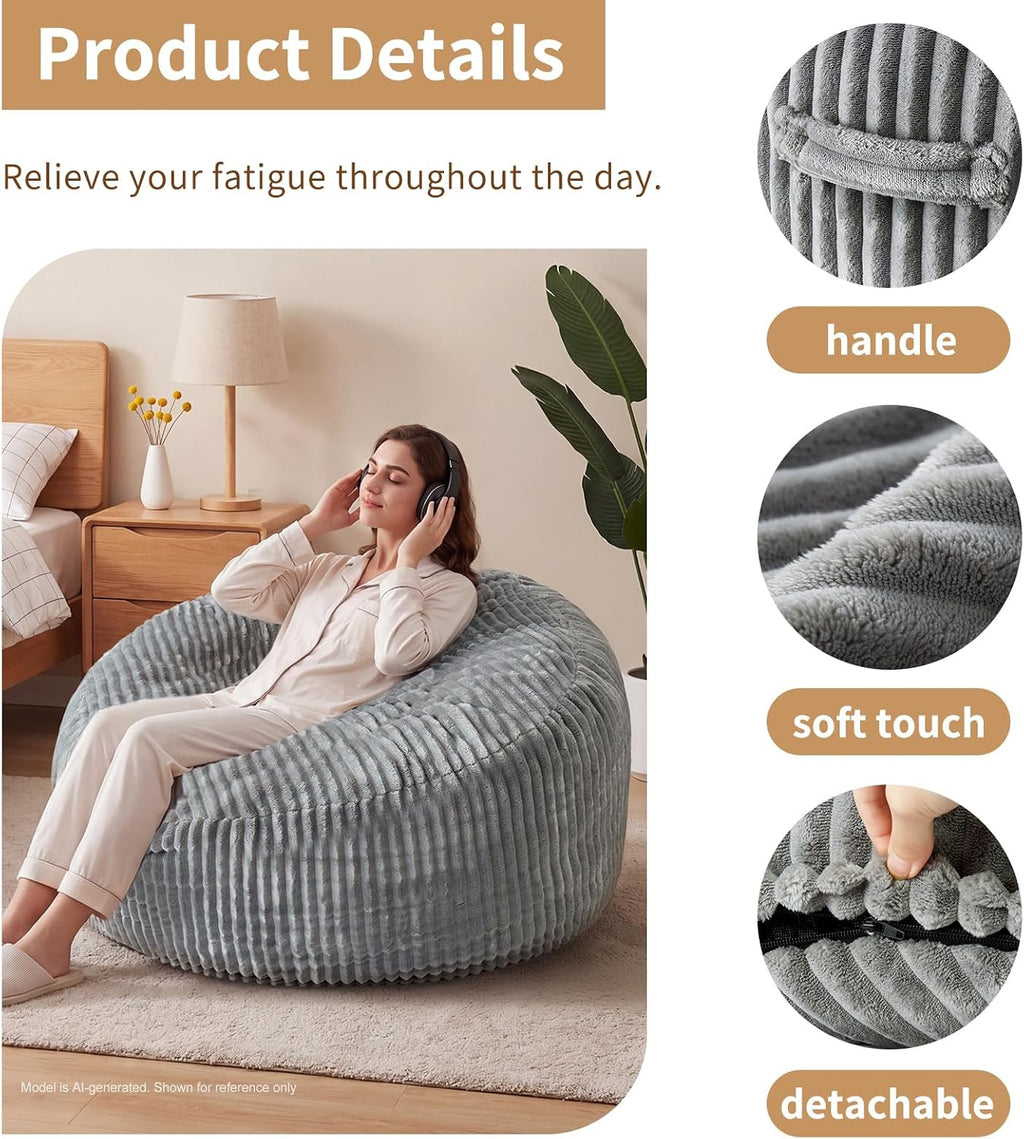 3FT Bean Bag Chairs for Adults, Medium Memory Foam Beanbags with Machine-Washable Wide Stripe Plush Cover Bean Bag Chair for Living Room Bedroom Dorm Office-Ash Grey