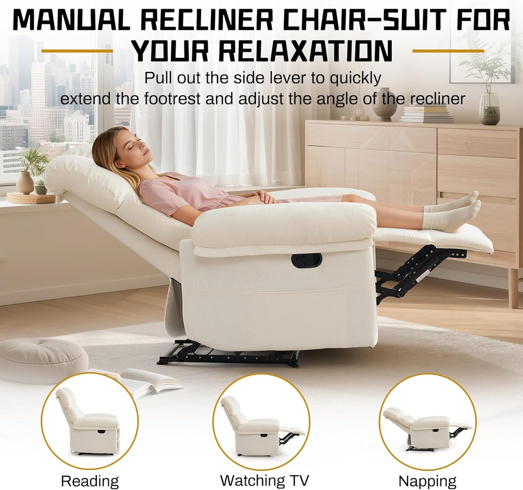 Korser Recliner Chair, Living Room Chairs for Adults, Thick Upholstered Manual Recliner with Side Pockets, Small Recliner for Small Spaces, Lounge Chair for Nursery Bedroom Apartment RV, Chenille