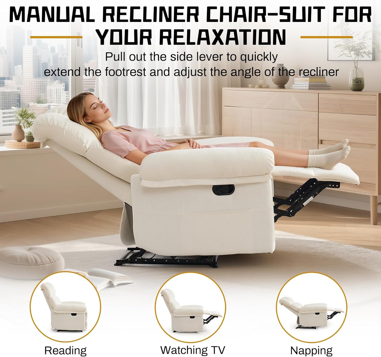 Korser Recliner Chair, Living Room Chairs for Adults, Thick Upholstered Manual Recliner with Side Pockets, Small Recliner for Small Spaces, Lounge Chair for Nursery Bedroom Apartment RV, Chenille