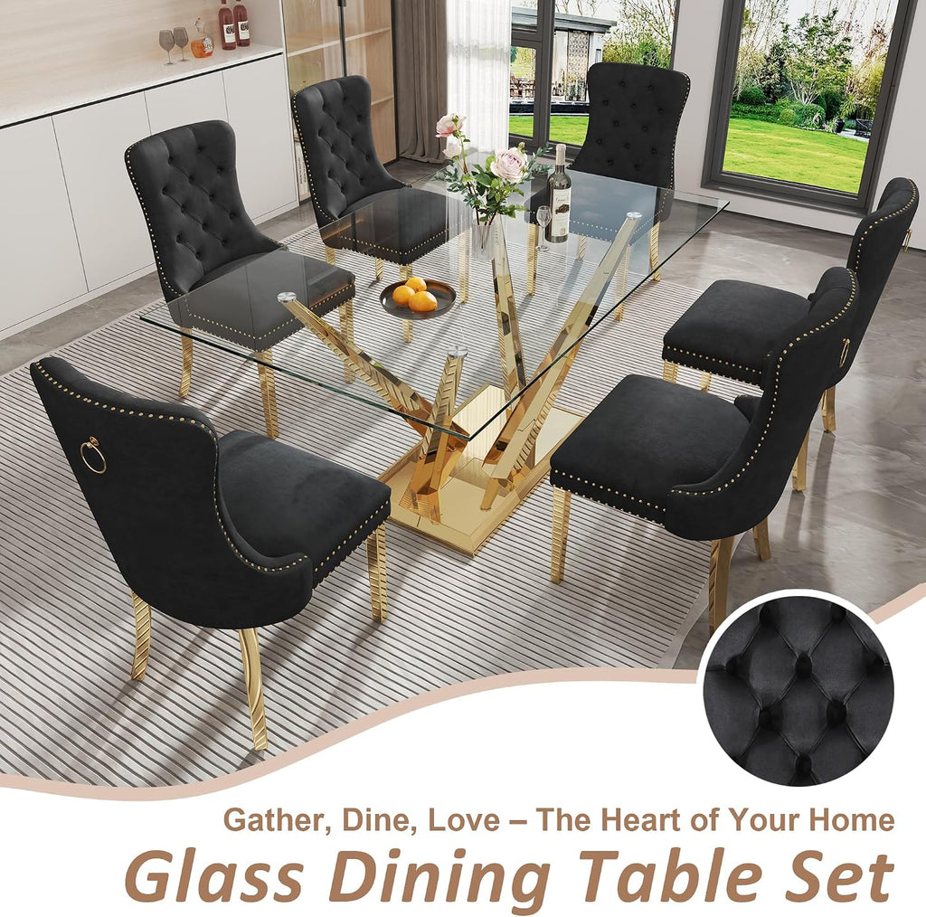 Rectangle Glass Dining Table for 4-6, 62" with Tempered Glass Table Top and Crossed Stainless Steel Base, Modern Kitchen Table for Home, Kitchen, Dining Room, Gold