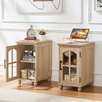 RWYHG Narrow Side Table, Farmhouse Nightstand with Charging Station | End Tables with Glass Barn Door, Cabinet Organizer with Adjustable Shelf, Night Stand for Small Spaces Living Room Bedroom