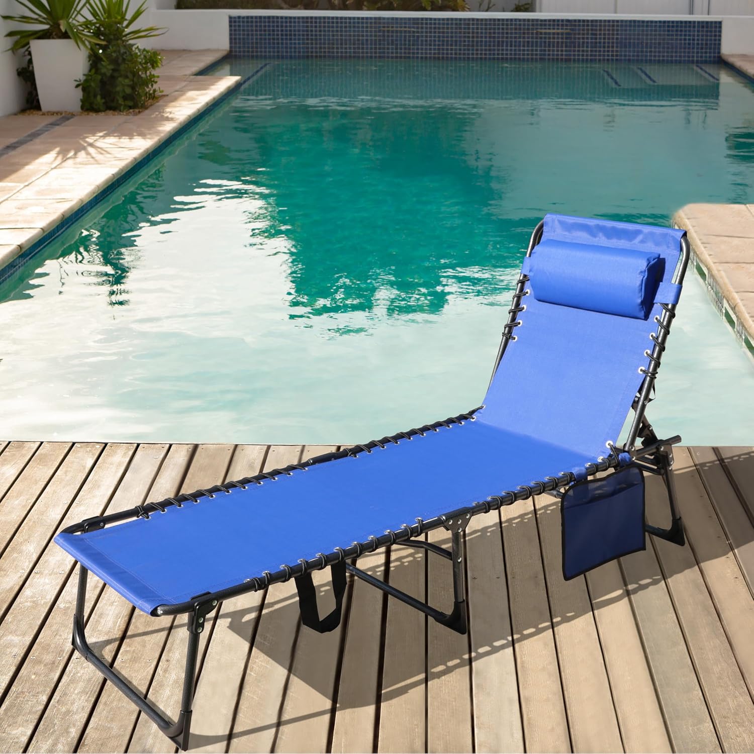 BlueWish Patio Chaise Lounge Chair, Outdoor Lounge Chairs with 5 Position Adjustable Backrest, Removable Pillow, Textilene Waterproof, Folding Lounge Chair for Beach, Patio, Poolside