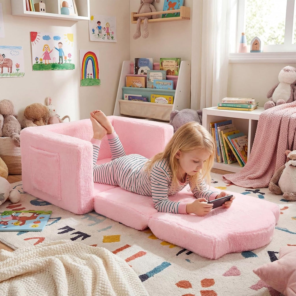 Novabright Kids Chair or Couch for Toddler, 2-in-1 Soft Foldable Couch, Comfy Toddler Chair, Convertible Sofa to Lounger, Gifts for Kids Girl Boys for Birthday, Children's Day (Strawberry)