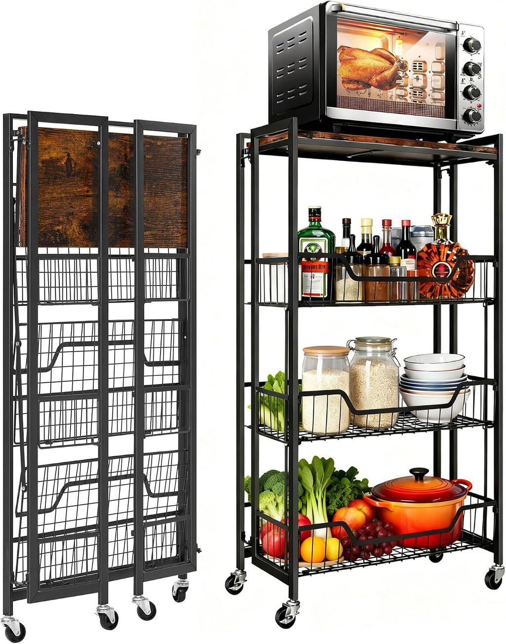 Garvee Large 4-Tier Foldable Storage Cart with Lockable Caster - 100Lbs Loading Capacity, Expandable Kitchen Organizer Storage Island, Heavy Duty Garage Shelving, Easy Foldable No Assembly Required