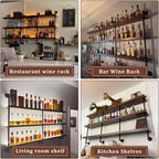 Solid Wood Wall Mounted Wine Rack, Large Bar Shelf with Led Light, 3-Tiers Floating Bar Shelves, Industrial Pipe Bar Shelf, for Home Bar, Dining Room & Kitchen (100cm/39.7in)