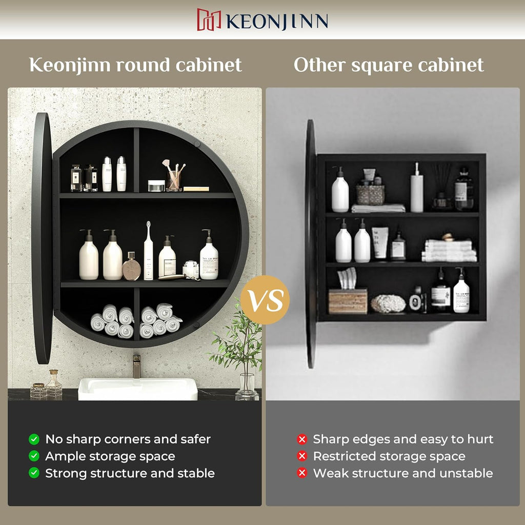 Keonjinn 20 Inch Round Medicine Cabinet with Mirror, Black Medicine Cabinet with Mirrors, Circular Surface Mount Medicine Cabinets, Framed Farmhouse Bathroom Cabinet with Adjustable Shelves