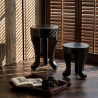 Rustic Round Wooden End Table, 13.5" H Dark Brown Solid Wood Accent Side Table with Sculptural Legs, Bedroom, Patio,