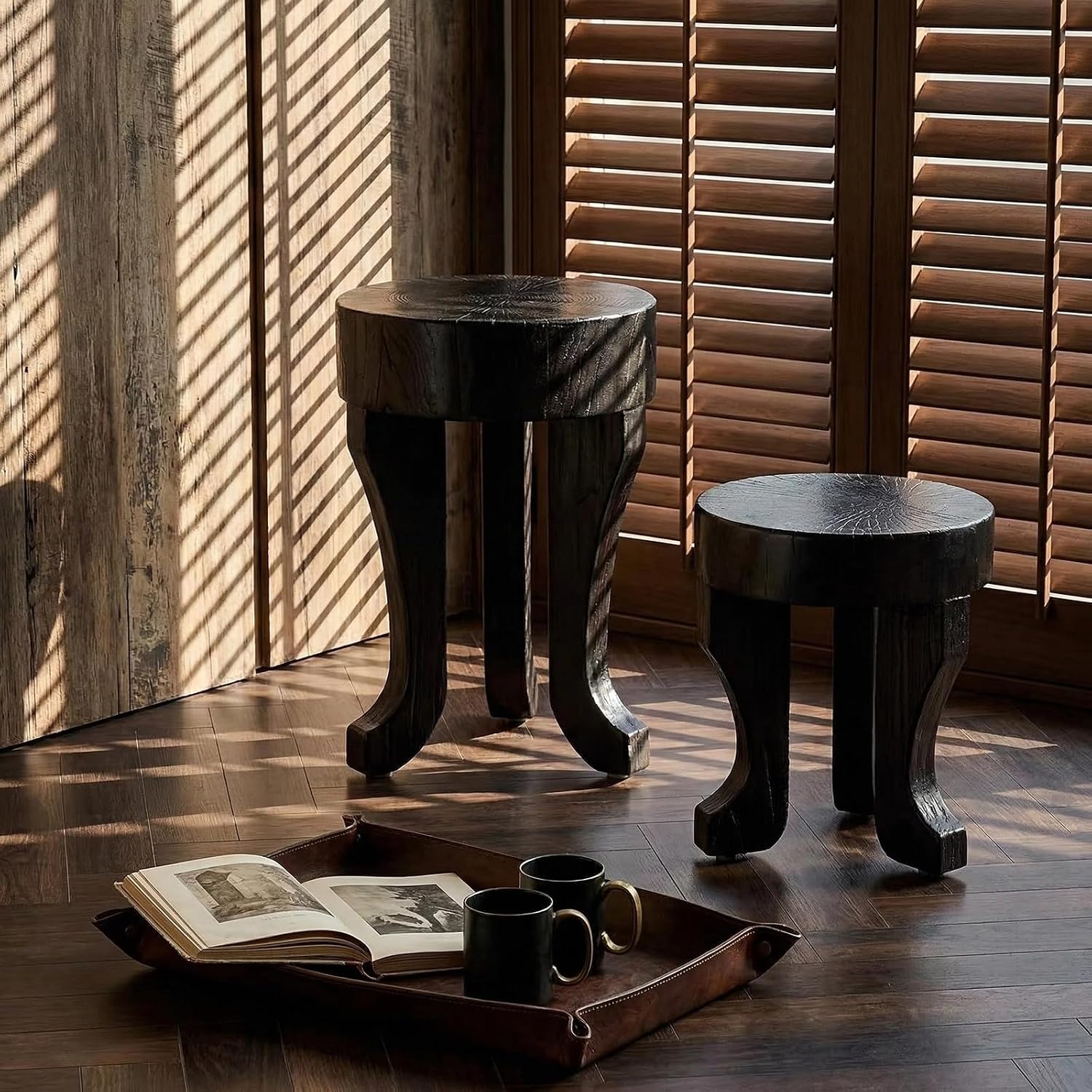 Rustic Round Wooden End Table, 13.5" H Dark Brown Solid Wood Accent Side Table with Sculptural Legs, Bedroom, Patio,
