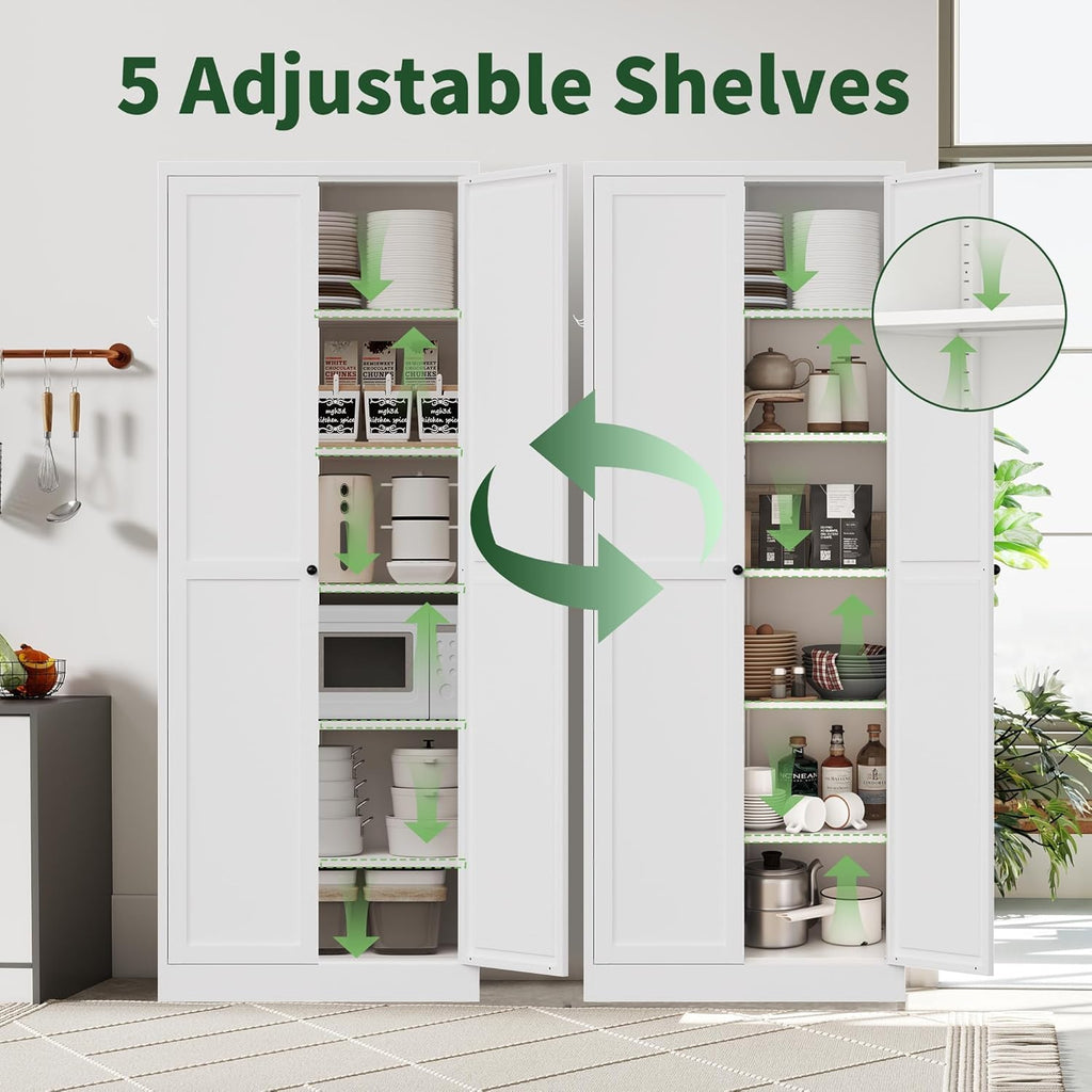 4-Piece Modern Metal Sideboard and Pantry Set,Built in Cabinets for Living Room Kitchen Cabinet Set, Adjustable Shelves, White