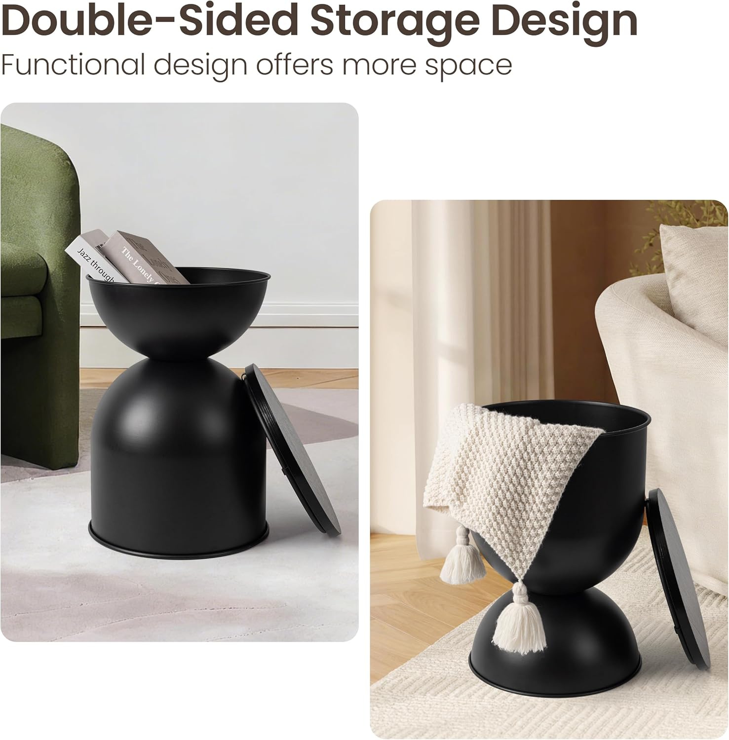 AELS Mid Century Modern Storage Drum Side Table, 12.5" Wide Black Metal End Table with Removable Lid, Accent Table for Living Room, Bedroom or Entryway
