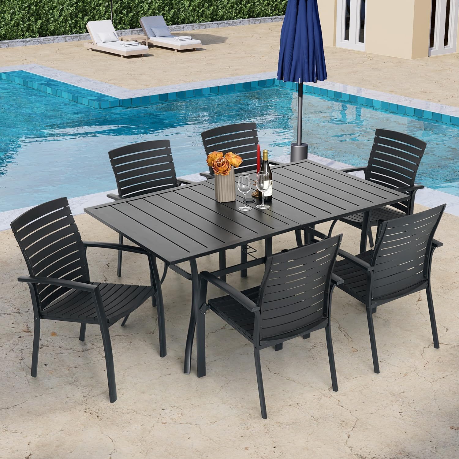 Anmutig 63" Rectangular Outdoor Dining Table, Metal Patio Table for 6 | Powder-Coated Steel Frame, Weather-Resistant Design, Slatted Metal Tabletop, Adjustable Umbrella Hole, Patio, Backyard Use