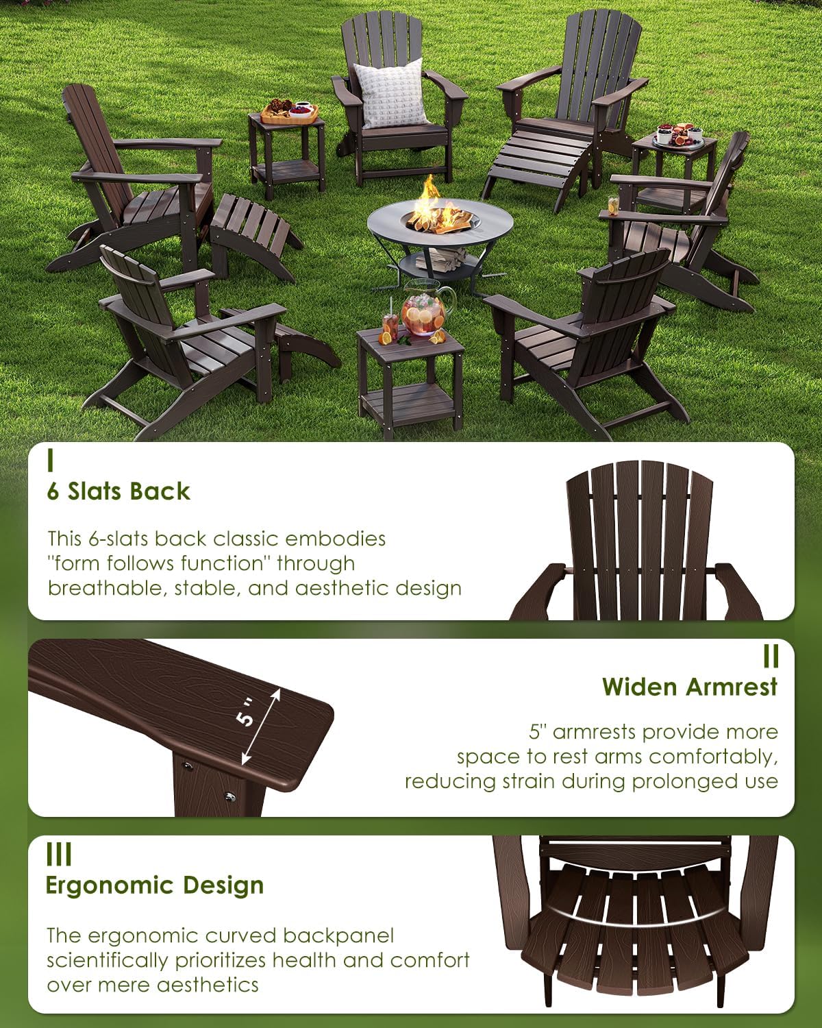 GREENVINES Adirondack Chairs Set of 6 | Wood Grain HDPE Plastic | Oversized Fire Pit Chair | All Weather | Dark Brown | Poly Lumber | for Outdoor Deck Backyard Patio Garden