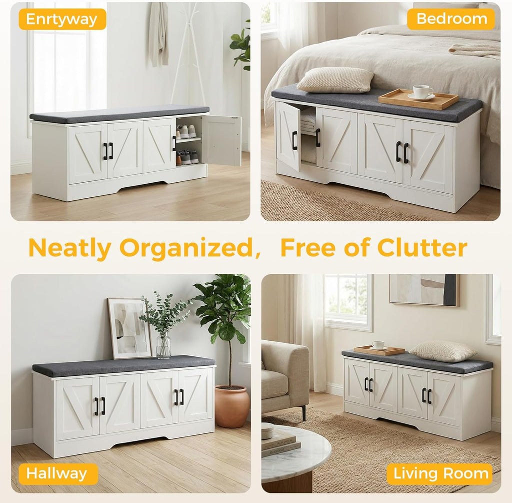 Shoe Bench, 47" Wide Bench with Storage with Padded Seat Cushion, Spacious Shoe Storage Bench with 4 Doors & Adjustable Shelf for Entryway, Bedroom, Living Room, White