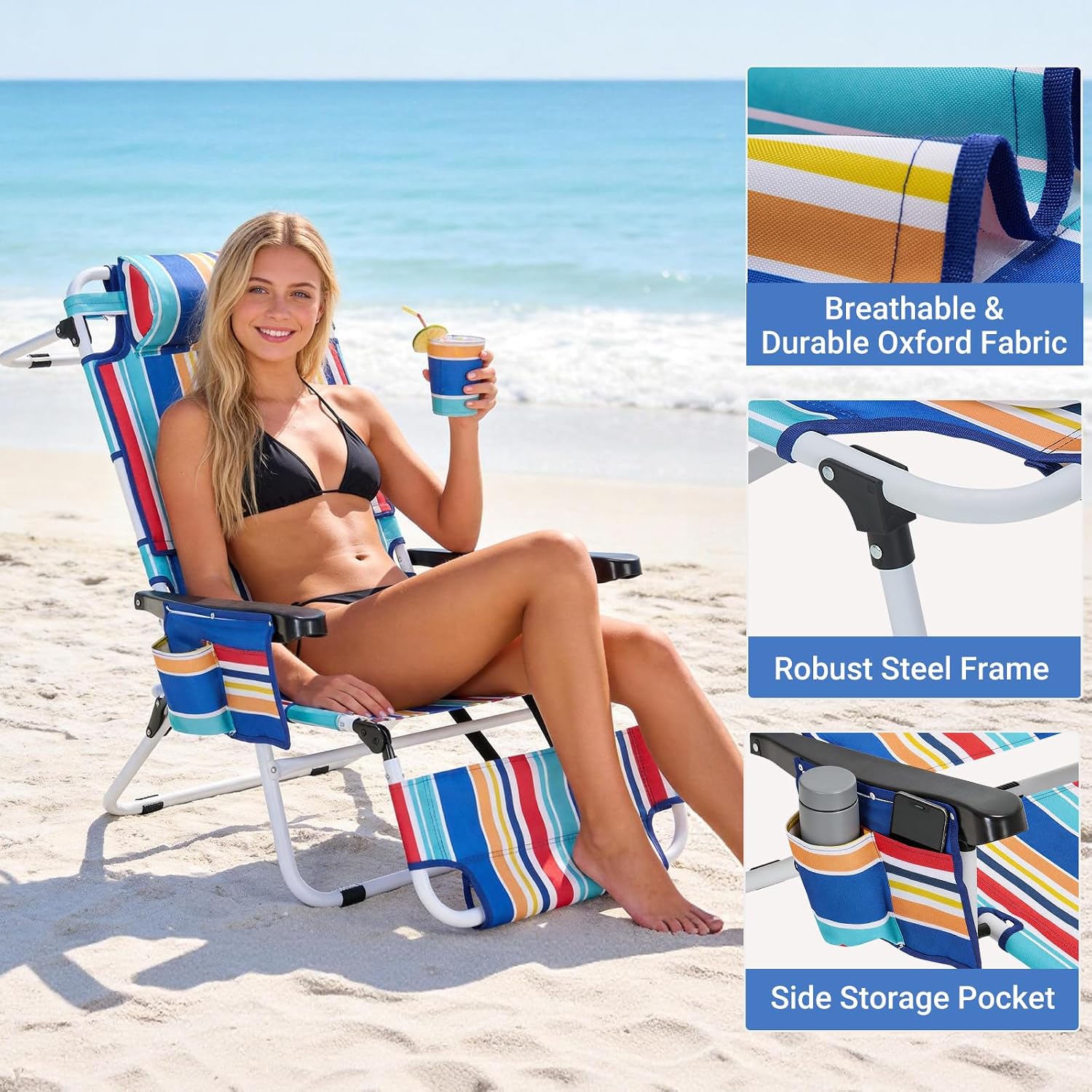 5 Position Folding Beach Chair with Face Hole, Portable Backpack Foldable Lounge Chair w/Headrest&Armrest,Heavy Duty Lay Flat Tanning Chair for Face Down Reading for Adult,440lb Capacity,Blue Stripes