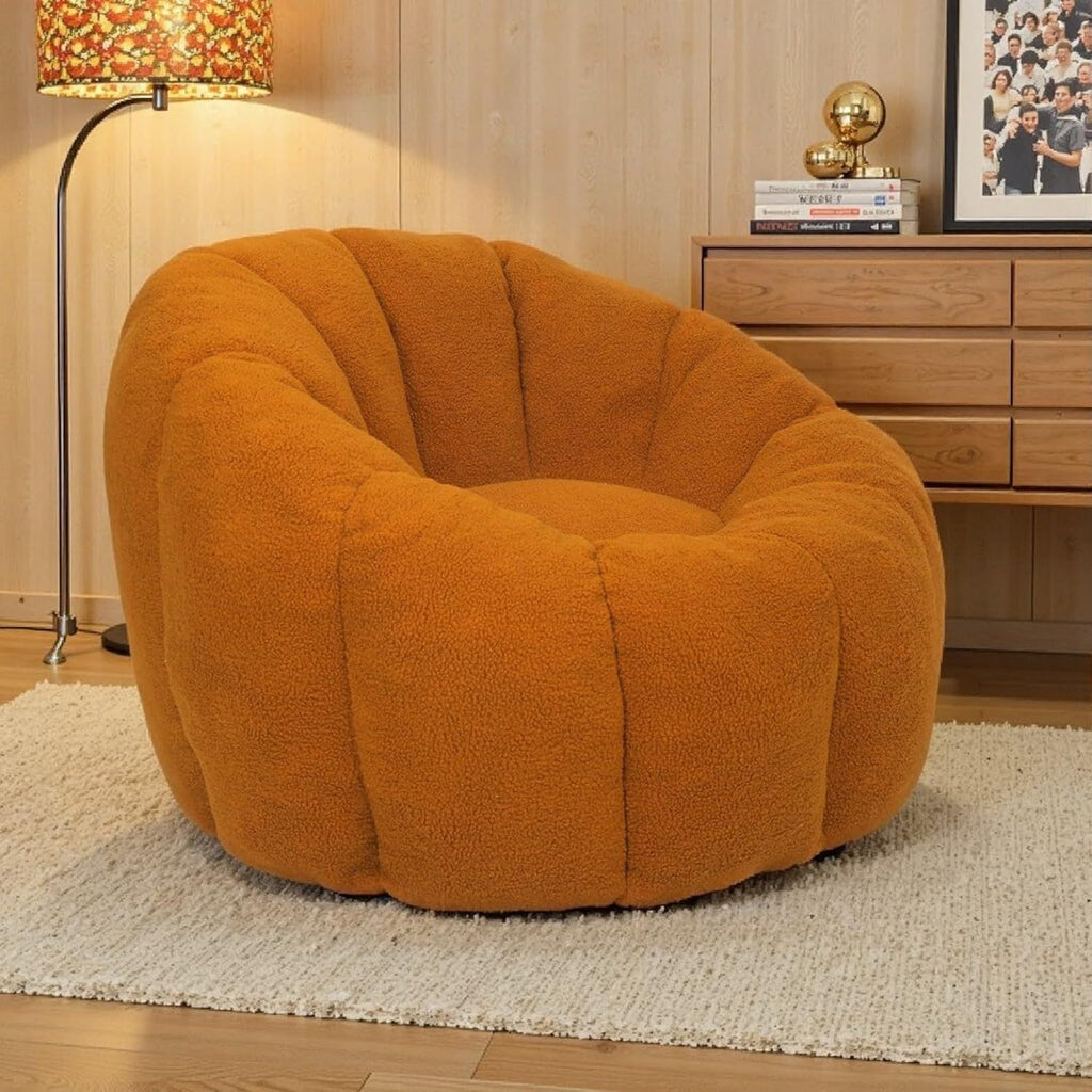 Bean Bag Chair, Large Beanbag Chairs with Filling, Bean Bag Chair with Filler, Stuffed Beanbag Chairs for Living Room (Teddy Fabric in Orange Brown, No Ottoman)