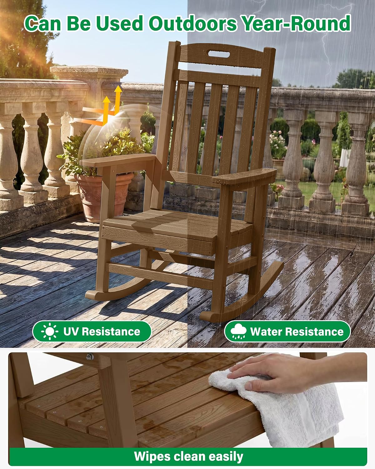YEFU Outdoor Rocking Chairs Set of 2, Rocking Chairs Outdoor Weather Resistant, Porch Rocker Oversized, Patio Rocker Poly, for Lawn Garden, Heavy-Duty 350lbs(Teak)