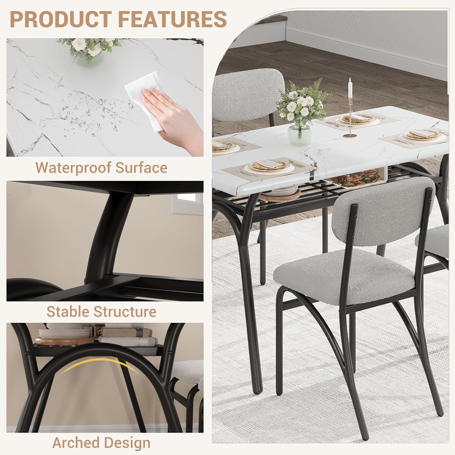 GarveeHome 5-Piece Dining Table Set for 4, Modern Kitchen Table with 4 Boucle Chairs, Rectangular Dining Table with Storage Shelf & Marble Tabletop, Beige Home Dining Furniture for Small Space