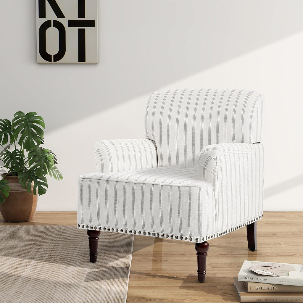 Mid-Century Modern Accent Chair, Pinstripe Grey, Set of 2 | Comfy Reading Armchair with Wood Legs for Living Room, Linen Fabric Single Sofa Lounge for Bedroom Apartment Waiting Room