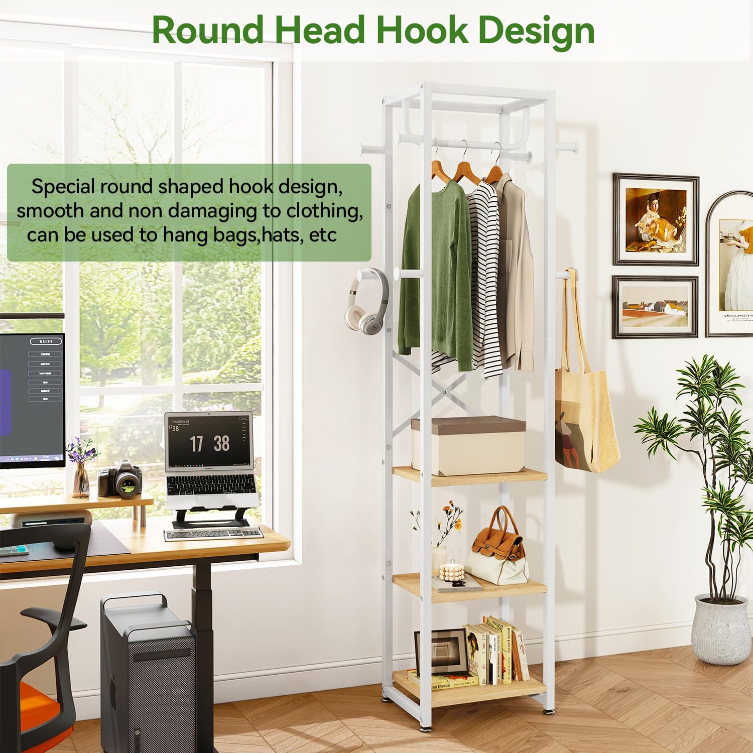 IBUYKE Coat Rack with Shelves, Freestanding Hall Tree with 3 Shelves and 8 Hooks, Industrial Clothes Stand for Entryway, Hallway, Bedroom, Natural UTMJ088R